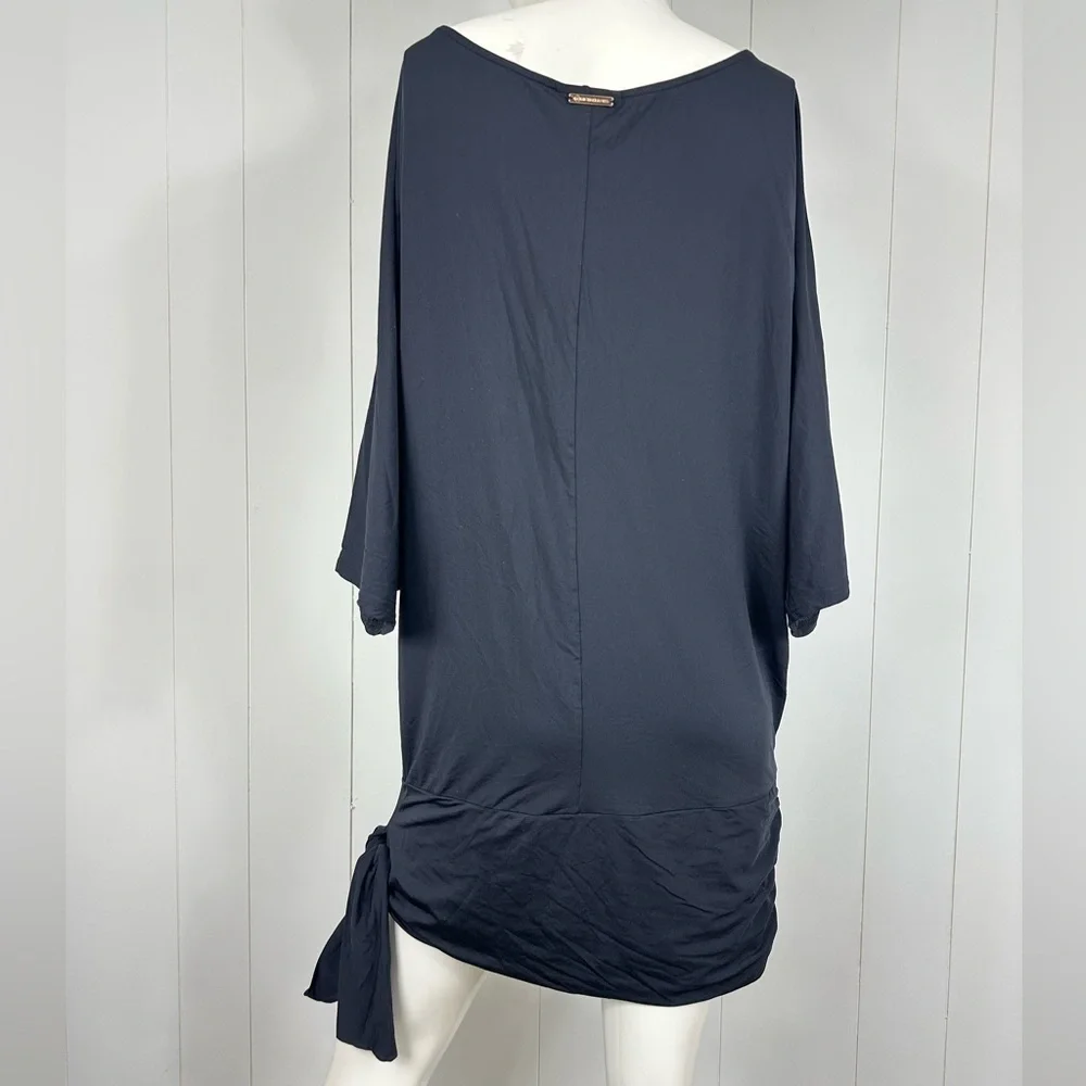 Michael Kors Sz M Black 3/4 Boxy Dolman Sleeve Silky Mini Shirt Dress Side Twist